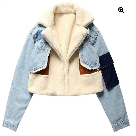 SHE’S GOKE Women's Blue Denim and Cream Sherpa Jacket SIZE L - Picture 2 of 10